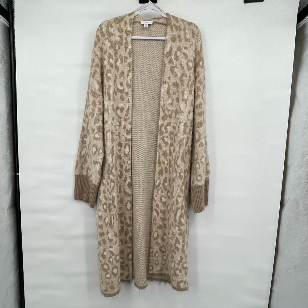 Topshop light tan leopard wool blend long cardigan sweater